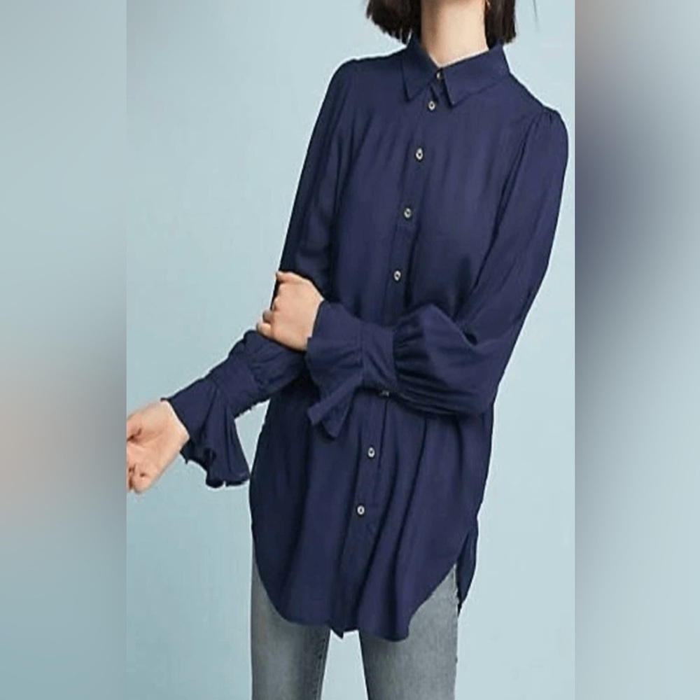 Maeve by Anthropologie Navy Blue Button-Down Blouse with Ruffle Sleeves - Size 2